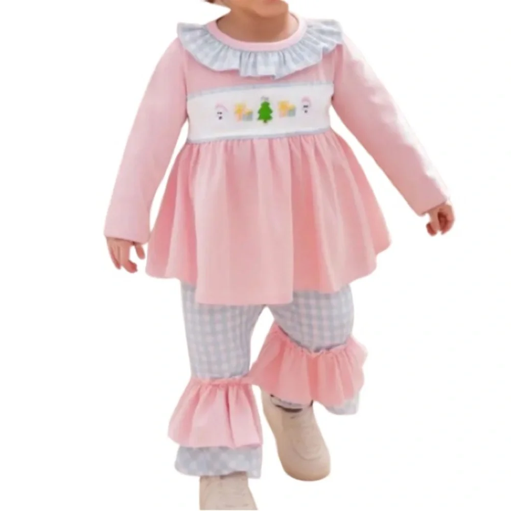 Ruffle Gingham Embroidered Christmas Outfit 6-12 Months Girls